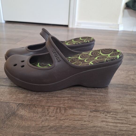 Crocs Frances mary jane brown wedge clog heels womens 11 - Picture 1 of 7